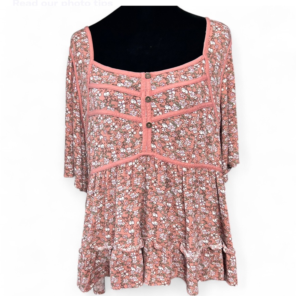 REWIND Pink Floral Blouse With Ruffles Shorth Sleeves Pull Up XL Good Condition